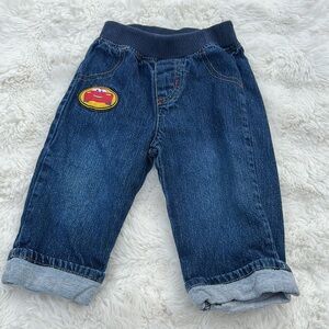 🍄6/12 M Disney cars boys Denim Jeans with cars Patch roll up with Grey detail